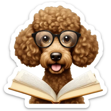 Brown poodle with wire rim glasses reading a book sticker