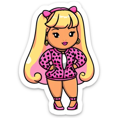 Nicki Minaj wearing pink and white leopard print outfit with half blonde half pink hairstyle with bangs sticker