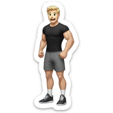 amazed Open with surprise mouth Pale skinned Fit Man With the biceps and dark brown hair in black shirt, gray sports shorts and white Sneakers sticker