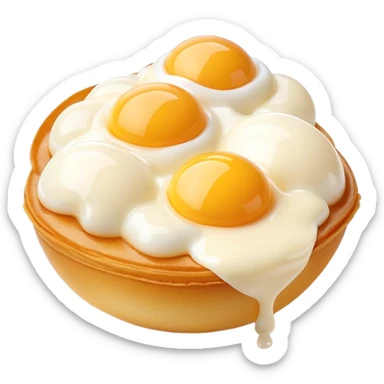 3D rendered Hong Kong egg puffs (鸡蛋仔) with condensed milk drizzle, authentic egg-shaped bubble pattern, golden bubbles with white drizzle, hyper-realistic texture, glossy finish sticker