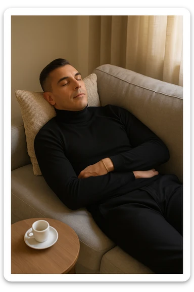 Uomo adulto in abiti casual in un ambiente domestico o ufficio tranquillo, mentre beve un caffè espresso con espressione consapevole. Subito dopo, si sdraia su un divano per un breve riposo di 20 minuti, occhi chiusi, posizione rilassata. La stanza è luminosa ma tranquilla, luce pomeridiana morbida che filtra dalla finestra. Atmosfera rigenerante e silenziosa. Accanto a lui, una tazzina vuota. Il suo viso appare calmo, in attesa del recupero energetico sticker