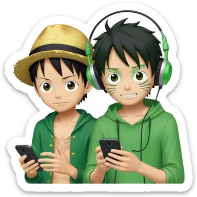 Green Luffy and green Alastor listening to music together sticker