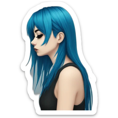 Side profile sad emo girl, black makeup, long choppy blue hair side bangs sticker