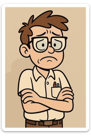 nerd character with glasses, arms crossed, looking worried, modern cartoon style sticker
