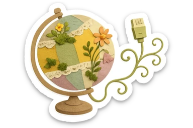 whimsical cottagecore globe with ethernet, globe as patchwork of fabric and lace with wildflowers and moss, ethernet cable as curling vine, cozy rustic homey style sticker