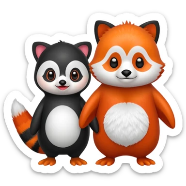 A cartoon  cute cartoon penguin. Next to it is a cartoon red panda holding its flipper  sticker