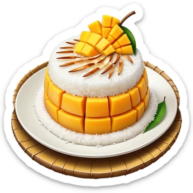 Mango Sticky Rice Cinematic Realistic Mango Sticky Rice Dessert Emoji, depicted as sticky rice drizzled with coconut milk topped with a layer of coconut cream, accompanied by sliced mango on the side of the plate, rendered with vivid textures and warm, tropical lighting. sticker