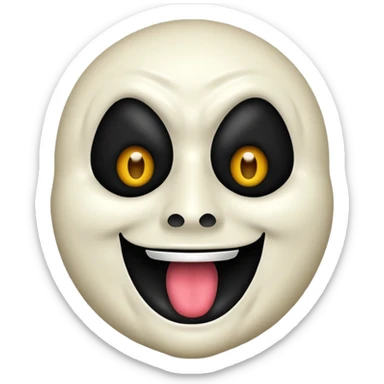 Um emoji estilo iOS do Ghostface, com sua icônica máscara branca e olhos e boca pretos, mas com um sorriso feliz. Ele usa um capuz preto e a forma geral do emoji deve ser arredondada e simplificada, semelhante a outros emojis do iOS. O fundo é transparente. sticker