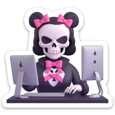 female Punisher skull character with pink bow working on computer sticker