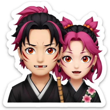 tanjiro male : Kind red eyes, black hair with burgundy tips, forehead scar, tanned skin, Hanafuda earrings.                             nezuko:   Pink eyes, black-orange hair, fangs, bamboo muzzle in mouth. sticker