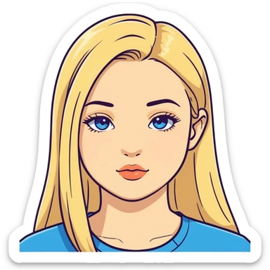 Chica rubia cara redonda pelo rubio lacio con raya al costado ojos celestes nariz recta labios gruesos sticker