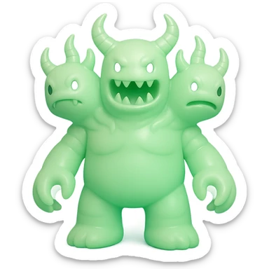 terrifying monster with multiple heads, twisted horns, clawed hands, eerie green glow, vinyl figure style sticker