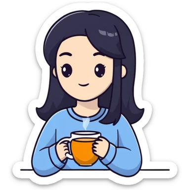 white girl with black hair, self care moment, holding a cup of tea, relaxed sticker