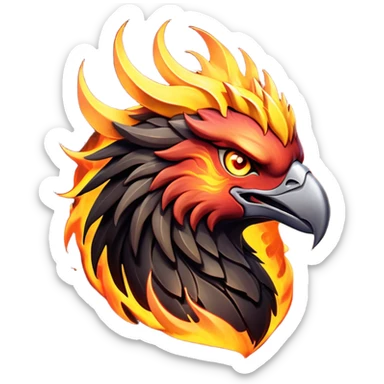 Cinematic Fierce Battle-Hardened Mystical Fire Phoenix Portrait Emoji, head tilted with an aggressive, unwavering gaze that speaks of relentless combat. The flame-kissed form is marked by rugged, charred feathers and vivid battle scars. Its blazing eyes radiate raw intensity and steely resolve, rendered with lifelike detail and stark natural lighting, high shine, channeling an aura of unyielding warlike energy and valor, softened by a dynamic glowing outline that highlights its battle-earned ferocity. sticker