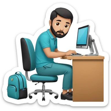 man with black short male hair and black hair and beard and hes in a office with his grey backpack on the floor and he has a tourquose polo shrit with gre dress pants and hes working at a hotel  hes on the co,ptuer  at his desk and he inly has one backpack its on the floo sticker