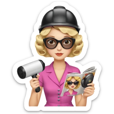 Emoji de mujer con casco secador, gafas de sol, rulos y leyendo revista, estilo vintage chic sticker