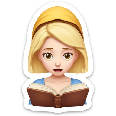 Cinematic Funny Belle Portrait Emoji, Looking exasperated as a book lands on her head, one eye twitching, caught in a hilariously relatable moment of book-lover clumsiness! sticker