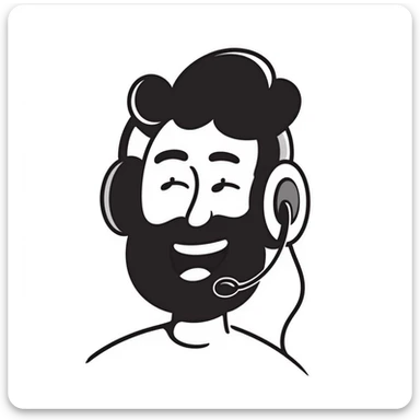 laughing man with black hair, brown eyes, black beard wearing gaming headset sticker