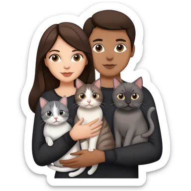 brunette couple holding four cats, two gray cat and a white and a black cat sticker