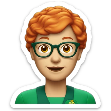 Old lady with red hair and glasses with green mcdonalds uniform and cap sticker