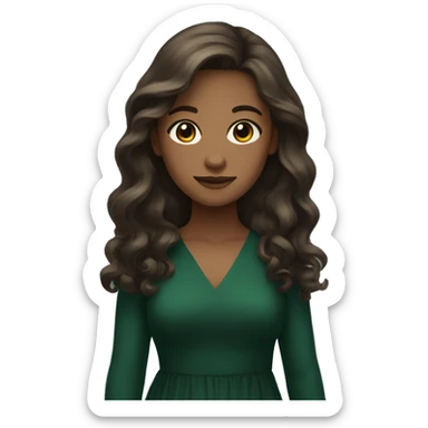 girl with brown long wavy hair, brown eyes, dark green dress sticker