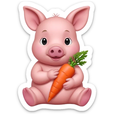 Baby Sitting Piglet – chubby piglet sitting down holding a toy carrot sticker