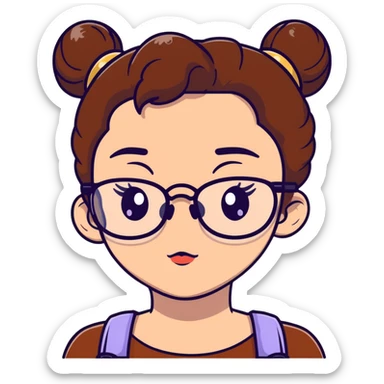 23-year-old girl with square thin glasses, brown curly hair in a high bun, big eyes and lashes, small nose and mouth, thin hoop nose piercing sticker
