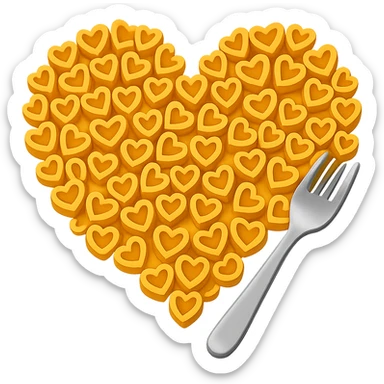 Add a silver fork next to the heart made of macaroni pasta in the style of emoji. Keep the emoji style look and no background. sticker