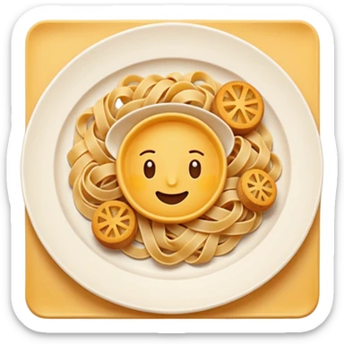 European cuisine humanless avatar in modern emoji-style illustration. Plate with pasta and bread, neutral warm colors, simple shapes, flat design, elegant and friendly. sticker
