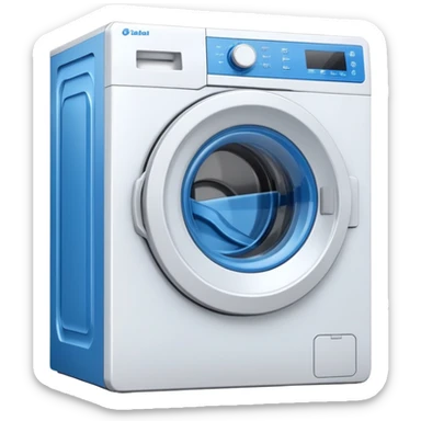 white washing machine with blue door and control panel sticker