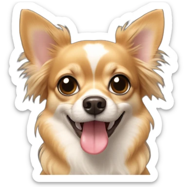 Long hair Chihuahua with light brown face and dark ridge on nose, large smile with tongue sticking out sticker