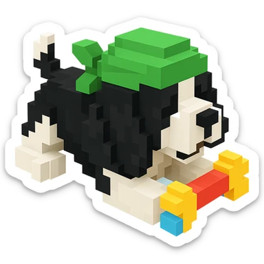 A black and white Russian Cocker Spaniel puppy wearing a green durag, voxel style, playing with a toy sticker