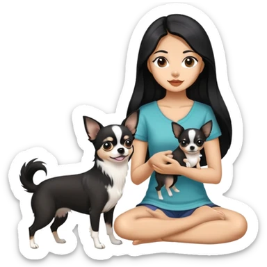 Thai woman with flowing black hair playing with a black and white Chihuahua dog sticker