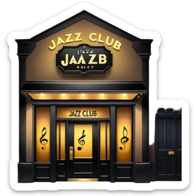 jazz club entrance at night with glowing sign and music notes sticker