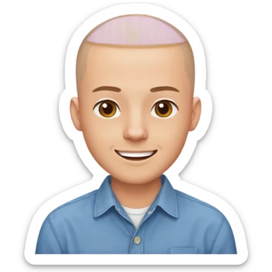 man in his 30s, shaved head, wearing a button-up shirt, cheerful expression sticker