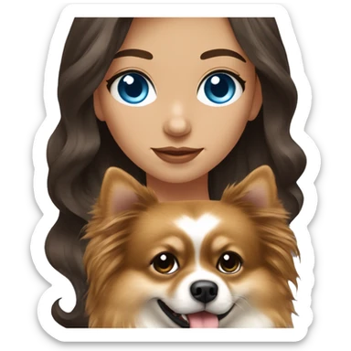 brunette long wavy hair girl blue eyes with Pomeranian sticker