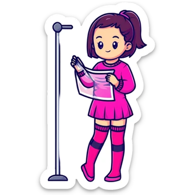 Cute girl character in stockings adjusting fashion accessory, bright pink gradient, transparent glass style with highlights sticker