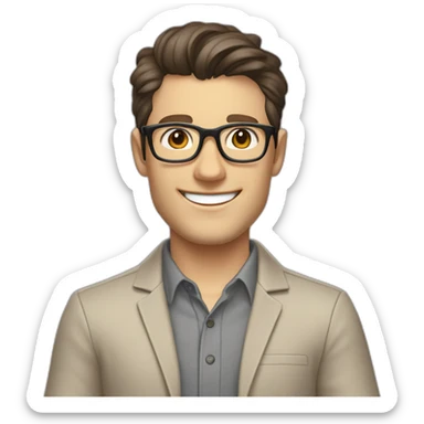 Joyful Pale skinned Fit Man With dark brown hair in gray jacket, beige office shirt, Brown pants and vintage glasses. His thrumbs up sticker