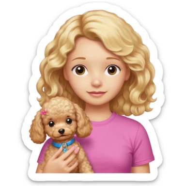 hazme un emoji que sea una niña rubi con el pelo ondulado i una camiseta rosa que ponga brownie, i acariciando a un perro (caniche toy) si pero con el pelo mas largo i no tan rubia sticker