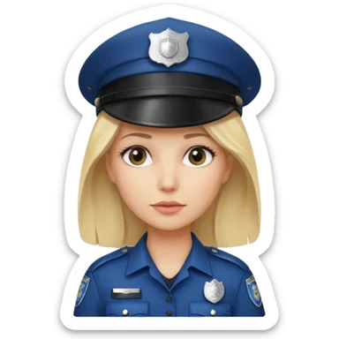 A blonde woman wearing a dark police hat with a silver badge, looking straight ahead with a calm expression. sticker