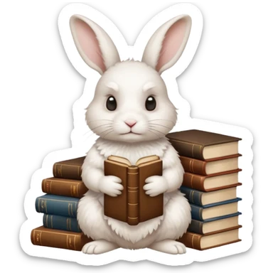 White rabbit sitting horizontally in a natural position on 4 legs, without a book.  There are 3 books nearby. books lie on top of each other other in brown tones

 sticker