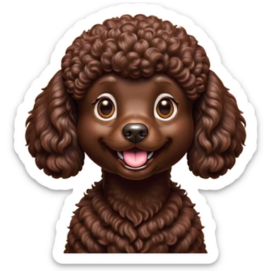Cinematic Comical Chocolate Poodle Portrait Emoji, Head tilted dramatically with an exaggeratedly amused expression, featuring a glossy, curly chocolate Fur with a bouncy texture, wide, expressive brown eyes filled with playful disbelief, Simplified yet hilariously expressive features, highly detailed, glowing with a slightly sassy glow, high shine, dramatic yet playful, stylized with an air of cheeky mischief, bright and endearing, soft glowing outline, capturing the essence of a spirited and over-the-top companion, so meme-worthy it feels like it could side-eye its way into internet fame instantly! sticker