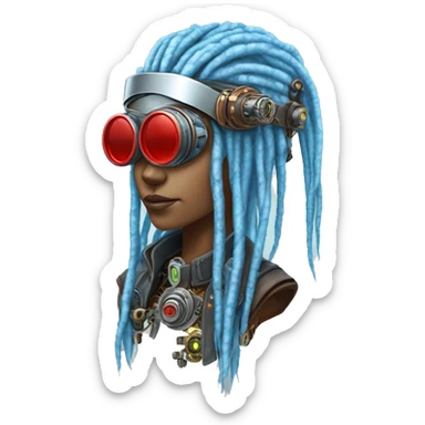 Light blue long dreadlocks female cyborg head with red steampunk goggles and circuits sticker