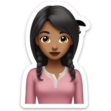 cute teenage girl with strahight black hair and black eyes having a medium-brown skin tone. She wears modest clothing, avoiding revealing styles. Her facial features, particularly around the mouth are welldefined, and she is wearing pink lipstick sticker