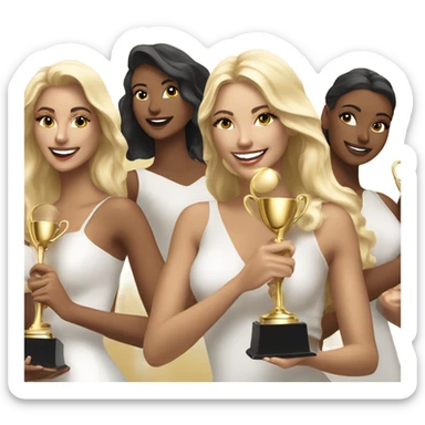 Six beautiful and elegant blonde and Latina models celebrating with 1 huge gold trophy sticker