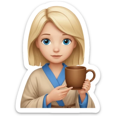 cozy blonde girl with middle length hair and blue eyes holds a brown cup in abeige  robe sticker