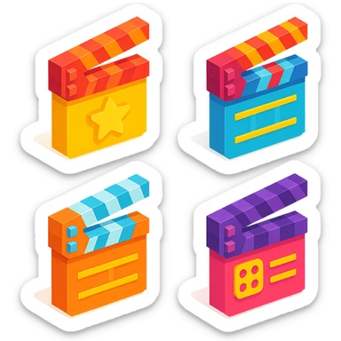 isometric view set of movie clapperboards in voxel style, various colors and patterns on lids, some with stars, stripes, or film icons sticker