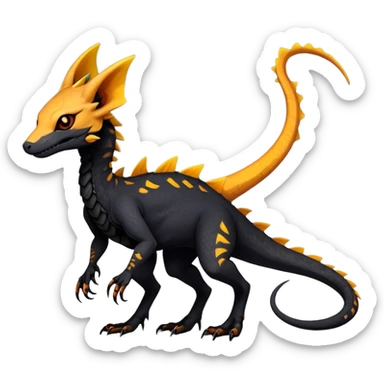 Rare realistic exotic edgy dark gothic gloomy spooky black and orange/yellow epic pretty beautiful handsome gorgeous aesthetic colorful vibrant Vernid-Trico-species-Fakemon-Salandit-hybrid-creature by LiLaiRa, 4 legs, 1 tail, random markings, (full body) sticker