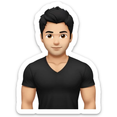 generate a pretty bratz Varun Dhawan with 
Make him wear a black v neck tshirt. muscular but still lean, smirking
He shoudl look exactly like VArun DHawan.  messy black hair sticker