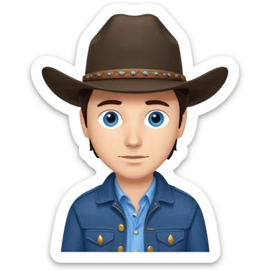Jack Twist from Brokeback Mountain with blue eyes, dark brown hair, light blue shirt, navy blue jacket and cowboy hat sticker